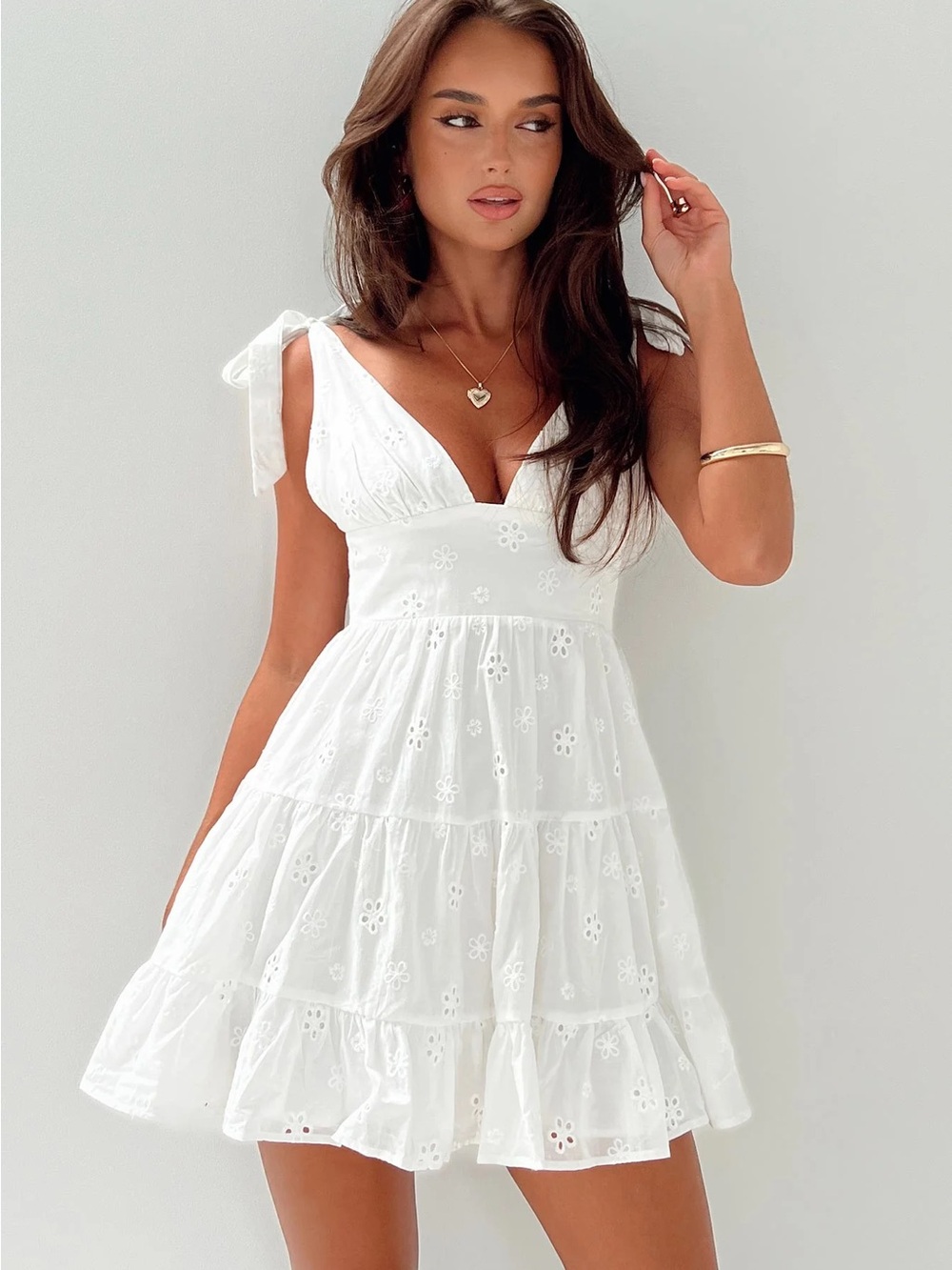 Princess Polly White Eyelet Tiered Tie-Shoulder Mini Dress